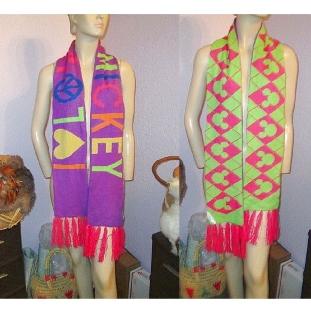 Vtg 90s Walt Disney World Mickey Mouse Knit Scarf Reversible Peace sign Fringe